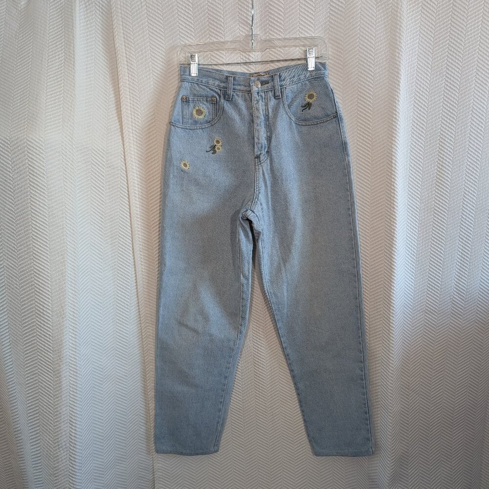 Vintage Nevada Sunflower Embroidered Mom Jeans High Rise Light Wash Size 27 Boho